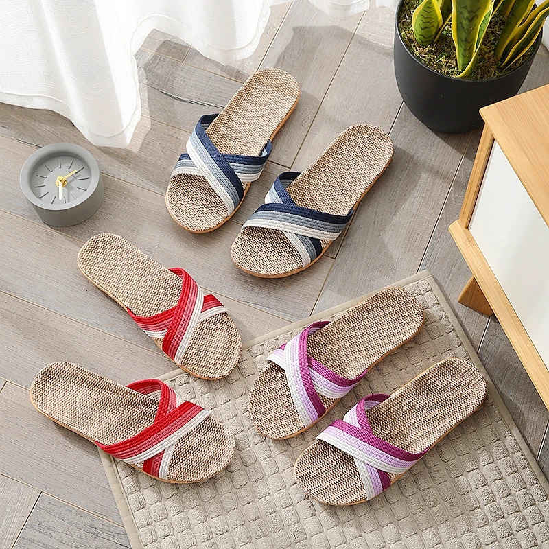 Spring and summer home couple sweat absorbing cross striped linen slippers for women non slip soft bottom indoor casual sandals 250519