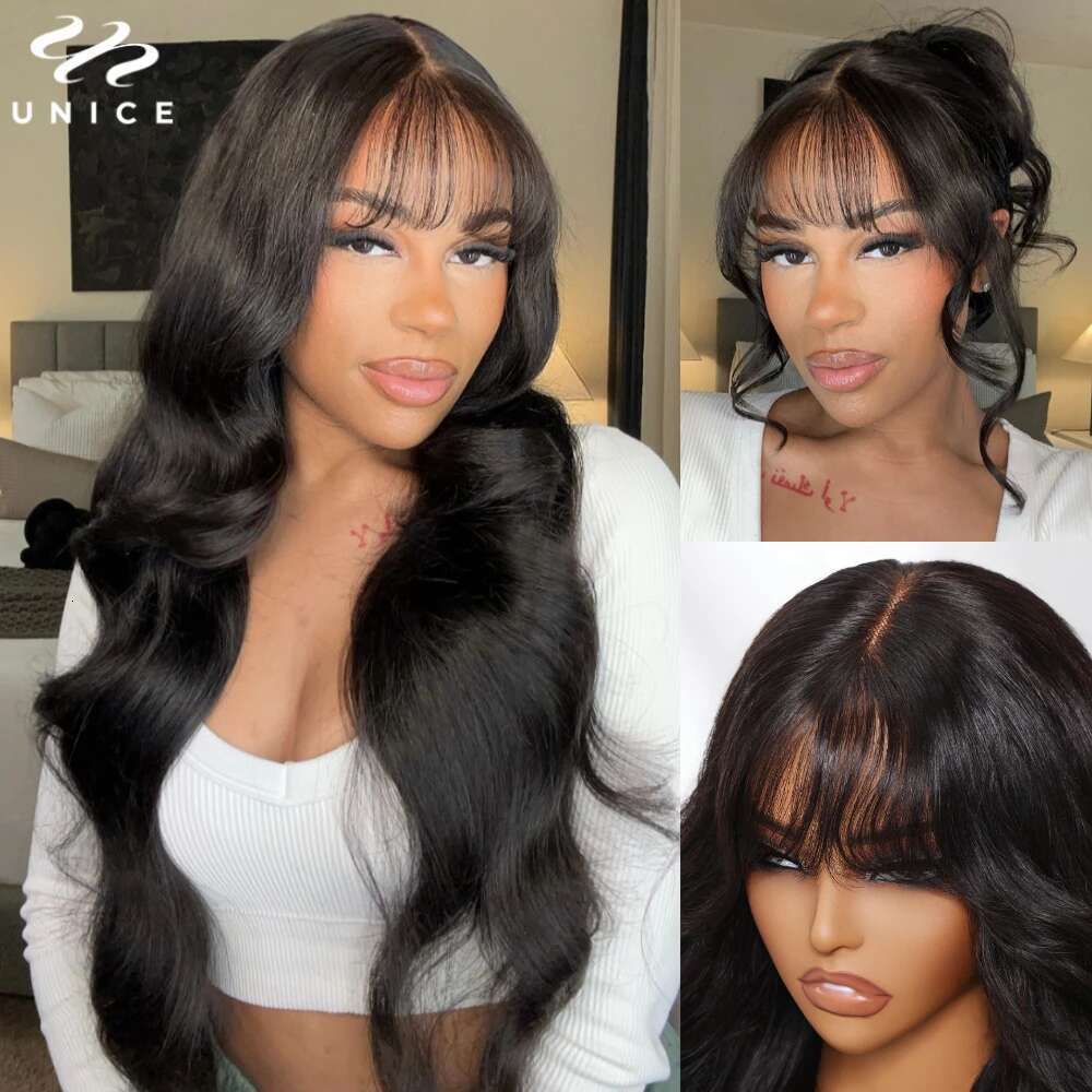Fluffy Loose Wave Wig With Curtain Bangs 7x5 Cut Pre Bleached Glueless Wigs Human Hair Ready To Wear 180% Density