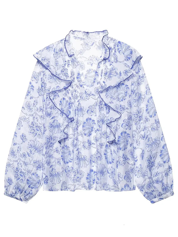 Zevity Women Fashion V neck Pleat Ruffles Floral Print Casual Smock Blouse Female Long Sleeve Shirt Blusas Chic Tops LS9031 250520