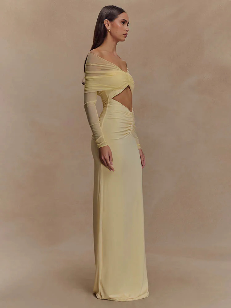 Mozision Offshoulder Hollow Out Sexy Maxi Dress Women Summer Fashion Strapless Long Sleeve Ruched Club Party 250520
