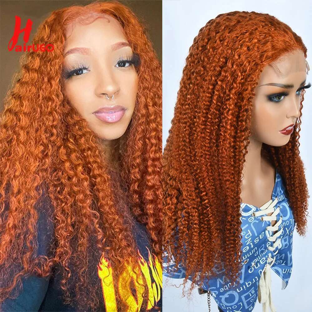 HairUGo Ginger Orange Kinky Curly 4x4 Human Wigs With Baby Hair Remy Preplucked Lace Closure Wig For Women