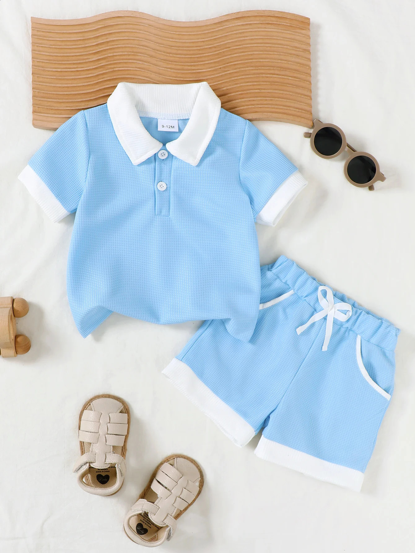 Summer Preppy Baby Boys Light Blue Matching Suit Polo Lapel Short Sleeve Pocket Shorts Two-Piece Set 250519