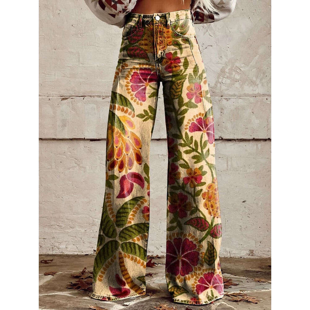 Women's High-Waisted Wide-Leg Printed Stretch Jeans - Casual Fashion with Flare