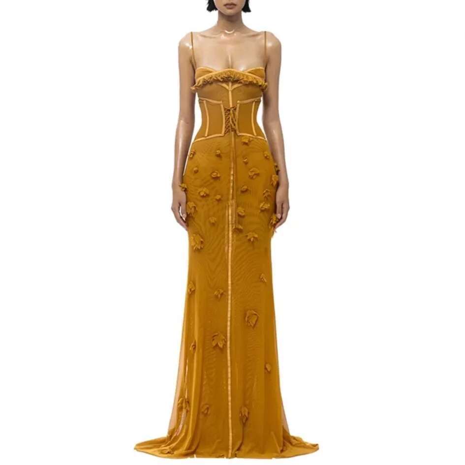 Sexy Strap Design 3D Embroidered Elastic Net Waist Cinching Long Vieamese Small Fashion Brand Summer Dress