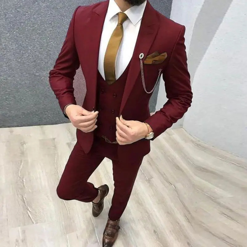 Solid Wedding Men Suits 3 Piece Formal Groom Tuxedos for Prom Party Male Suits Fashion Clothing Set Jacket with Pants Vest 250519