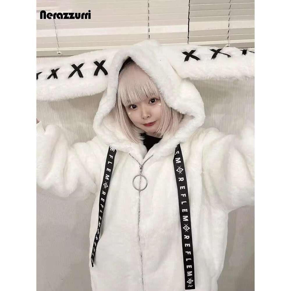 Nerazzurri Winter Sweet Kawaii Soft Thick Warm White Faux Fur Coat Women With Bunny Ears Cute Fluffy Jacket Hoodie 2024