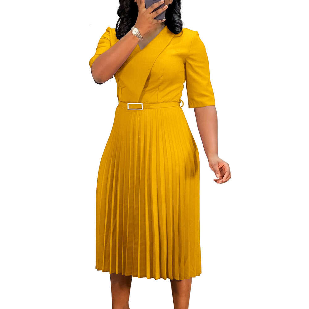 Women's Wear D3296 Women's New Solid Color V-Neck Fashionable Temperament Pleated Dress