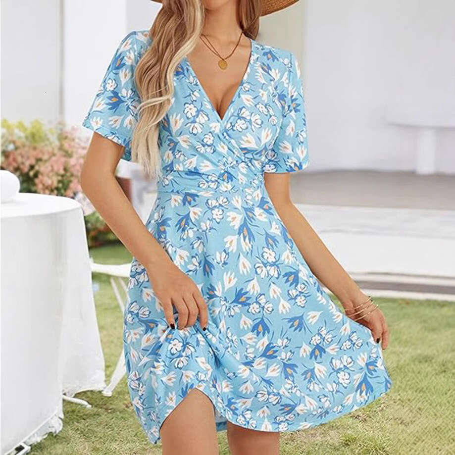Whitedress Dresses Women Dress Vestido Buttock Vestido De Mujer 2025 New Womens Sun Skirt Summer Flower Short Sleeve Package V-neck A-line Midi Dress