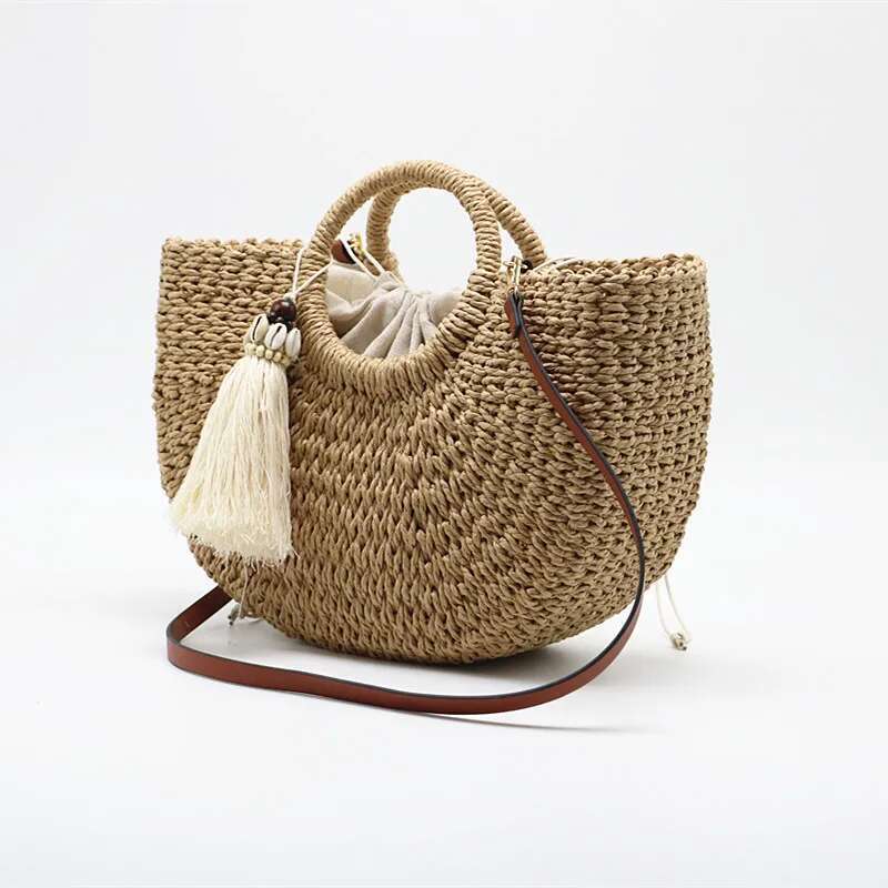 Woven Women Handbag Summer Beach Bag Handmade Round Straw Bohemian Female High Capacity Tassel Shoulder Crossbody Bags