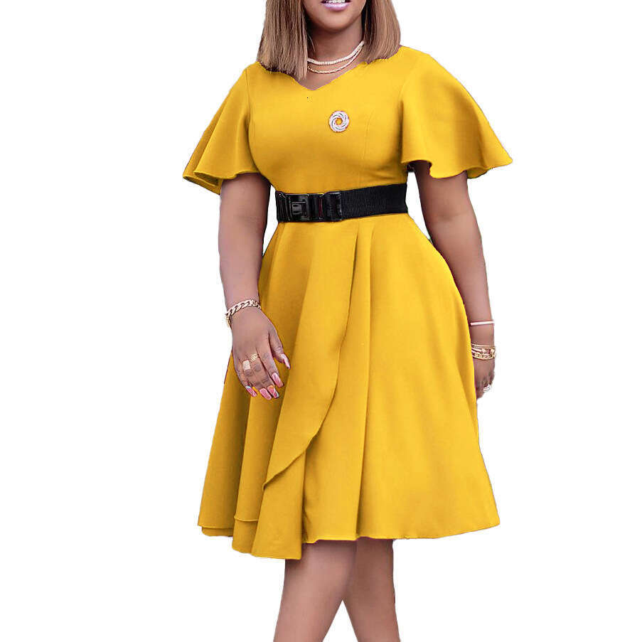 Women's Wear D297p Belt 2022 Summer New Women's Loudsleeves Solid Color Large Dress