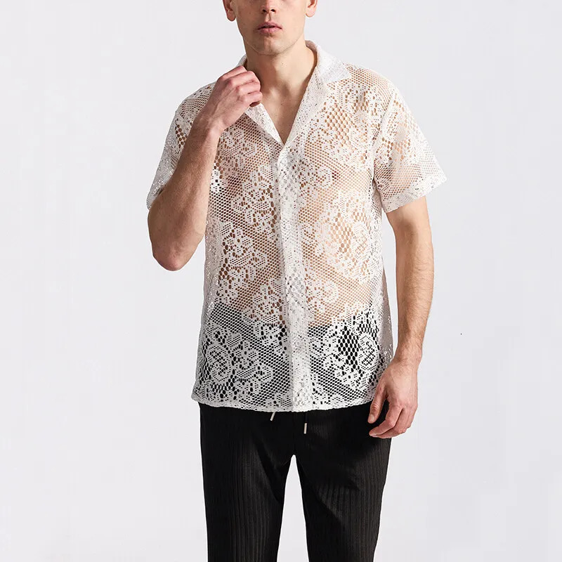 Summer Mens Mesh Lace Knit Short Sleeve Shirt Streetwear HollowOut Dance Perspective Shirts Nightclub Disco Performance Tops 250520
