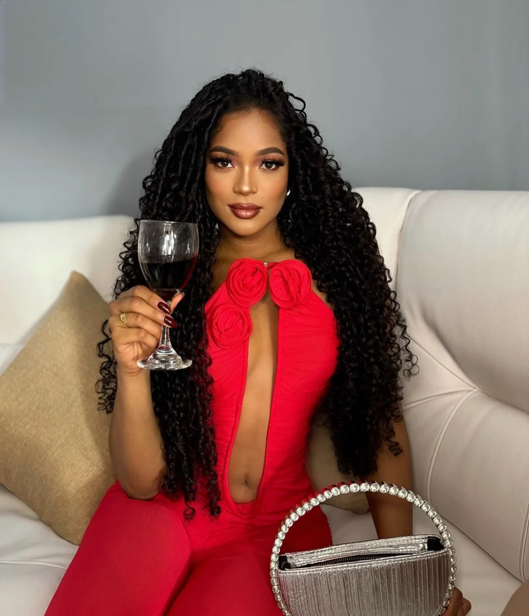 Red Khaki Color Women Sexy Strapless Mesh Florals Deep V-Neck Straight Long Jumpsuit Celebrate Nightclub Party Birthday Jumpsuit 250519