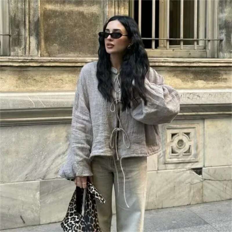 Woman's Vintage Bow Lace Up Jacket O-Neck Long Sleeves Tie Short Loose Blouse Coat Fall New Female Fashion Casual Outerwear