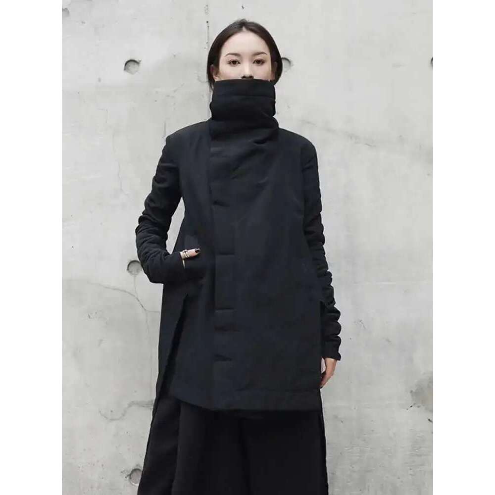 EAM 2024 New Fashion Winter Stand Collar Irregular Long Type Cotton-Padded Clothes Loose Coat Black Jacket Woman Ya771 Designer