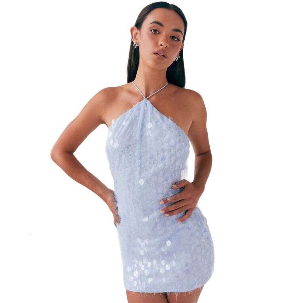 Desin a sexy and pure neck hanin bead piece, backless cross strap slim short European station party liht dress, summer 2025 new casual fashion trend