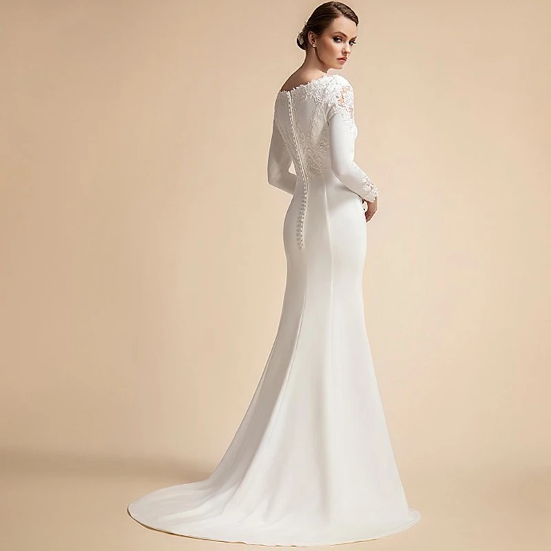 Simple Mermaid Button Wedding Dresses Long Sleeves Ivory Muslim Bridal Gowns for Bride Satin Lace Appliques