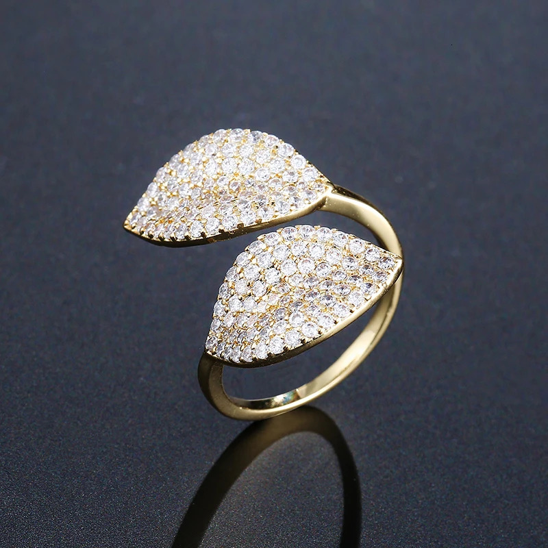 ZAKOL Shiny Micro Paved Zirconia Flower Leaf Adjustable Open Rings Sliver Gold Color Bridal Engagement Wedding Ring Gift 250519