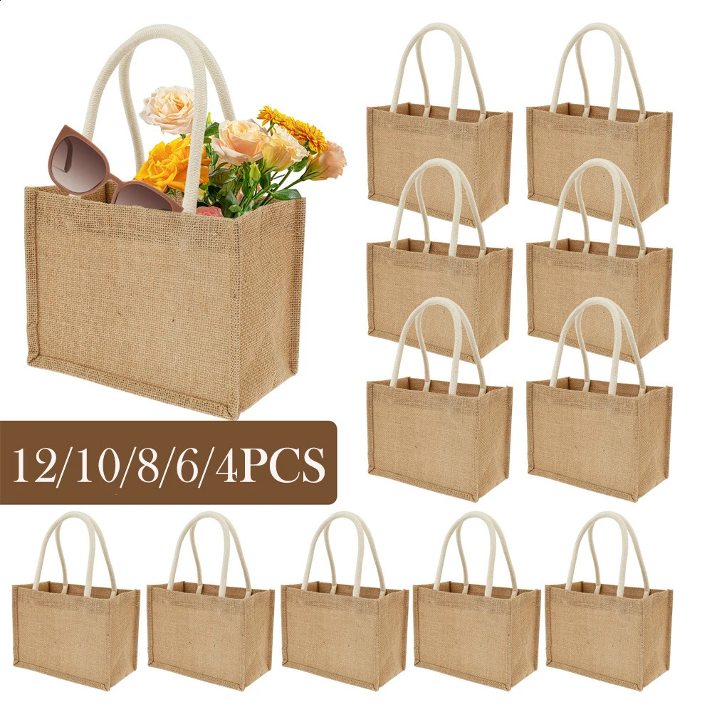 4/6/8/10/12Pcs Burlap Tote Bags Portable Jute Beach Bag with Handles Multipurpose DIY Hand Bags for Shopping Trips Tours Outdoor 250516