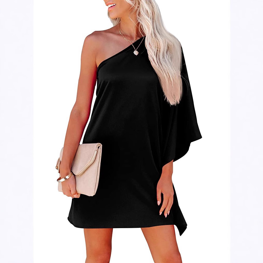 Spring and summer leisure lotus leaf sleeve dress loose temperament one shoulder solid color dress Amazon women's clothing
