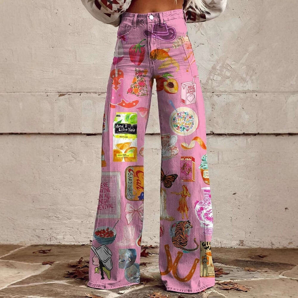 Women's oversized imitation denim 3D printed casual wide leg pants, flared pants