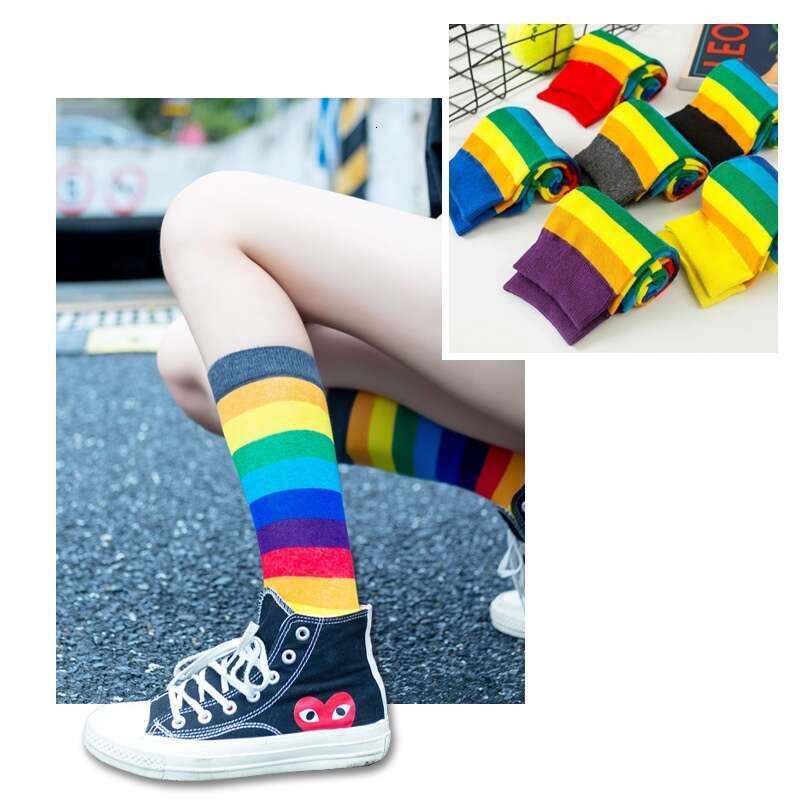 Socks For Children, Mid Tube Socks, Spring And Summer, Korean Version, Internet Celebrity, Long Rainbow Candy Stripe, High Tube, Ins, Trendy Cotton So