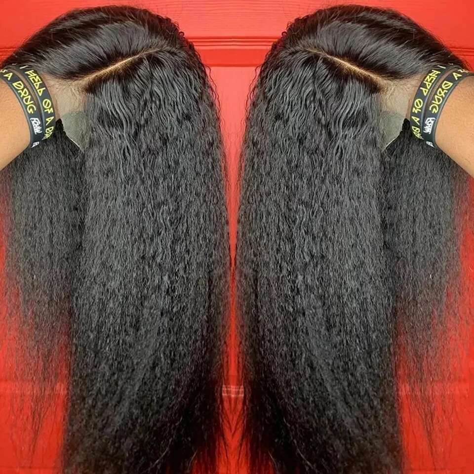 Yaki Black 30Inch Long Kinky Straight Lace Front For Women With Baby Hair Synthetic Preplucked Glueless Daily Wear Wig