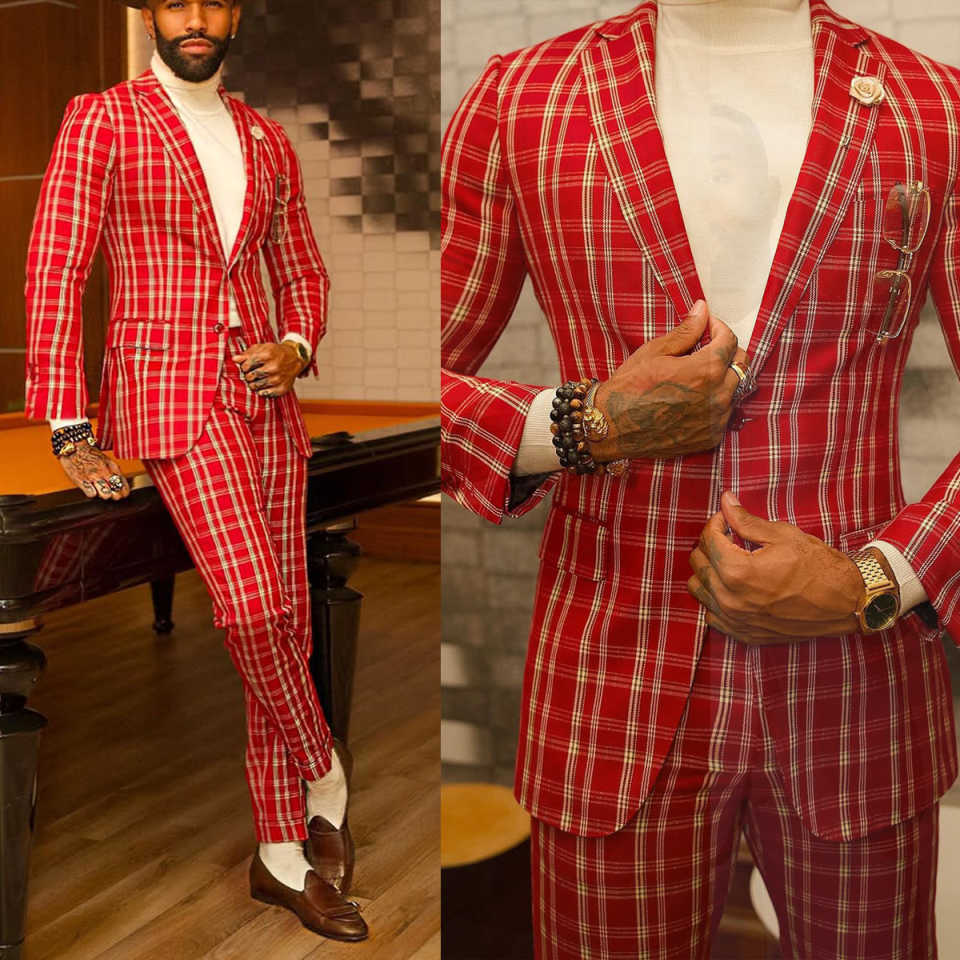 Classic Fit Check Wedding Tuxedos 2 Piece Set Jacket Pants Notched Lapel Men Suit Red Groom Wear Party Suits Customized