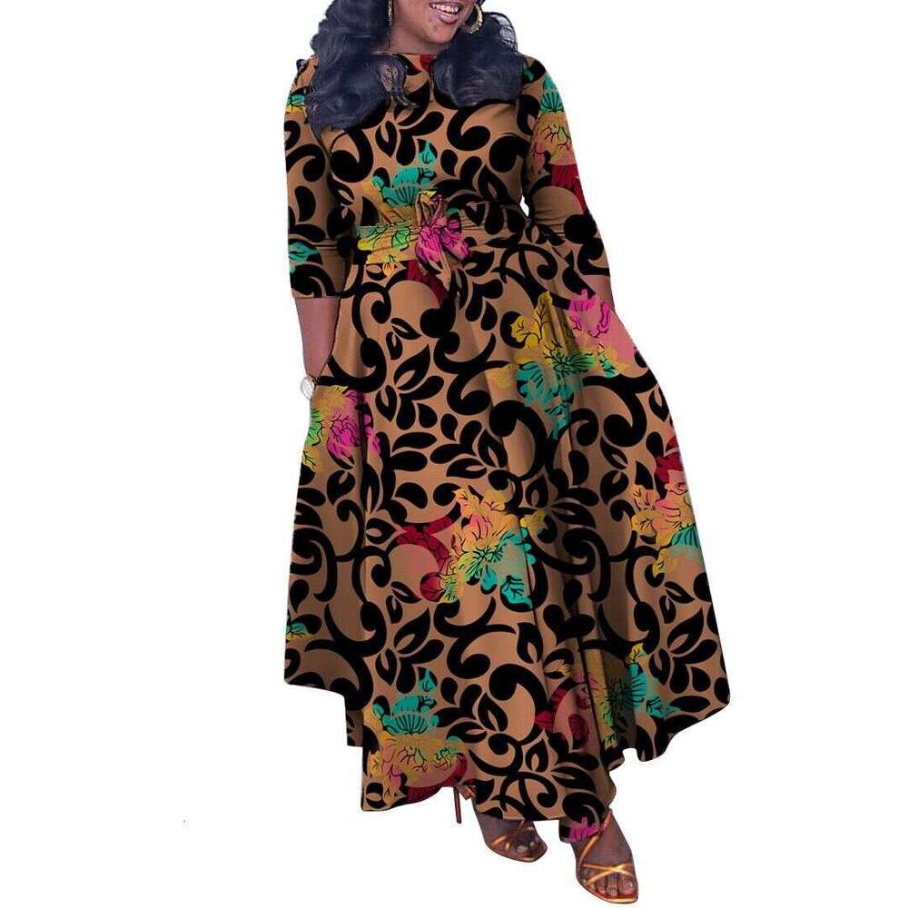 Women's Wear Spring/Summer New Fashionable And Elegant Print Lace Up Round Neck Large Swing Dress