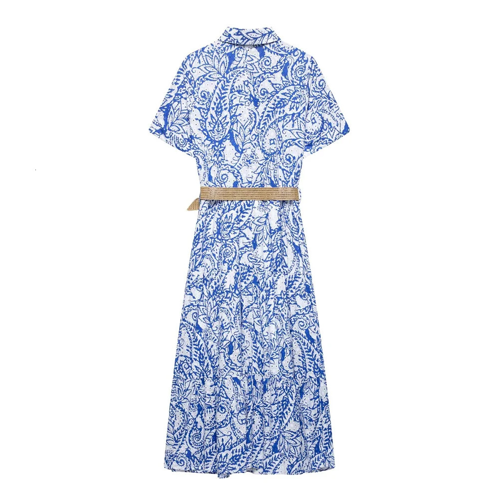 Womens Casual Elegant n with European and American Style Belt Hollow Printed Shirt Dress 250520