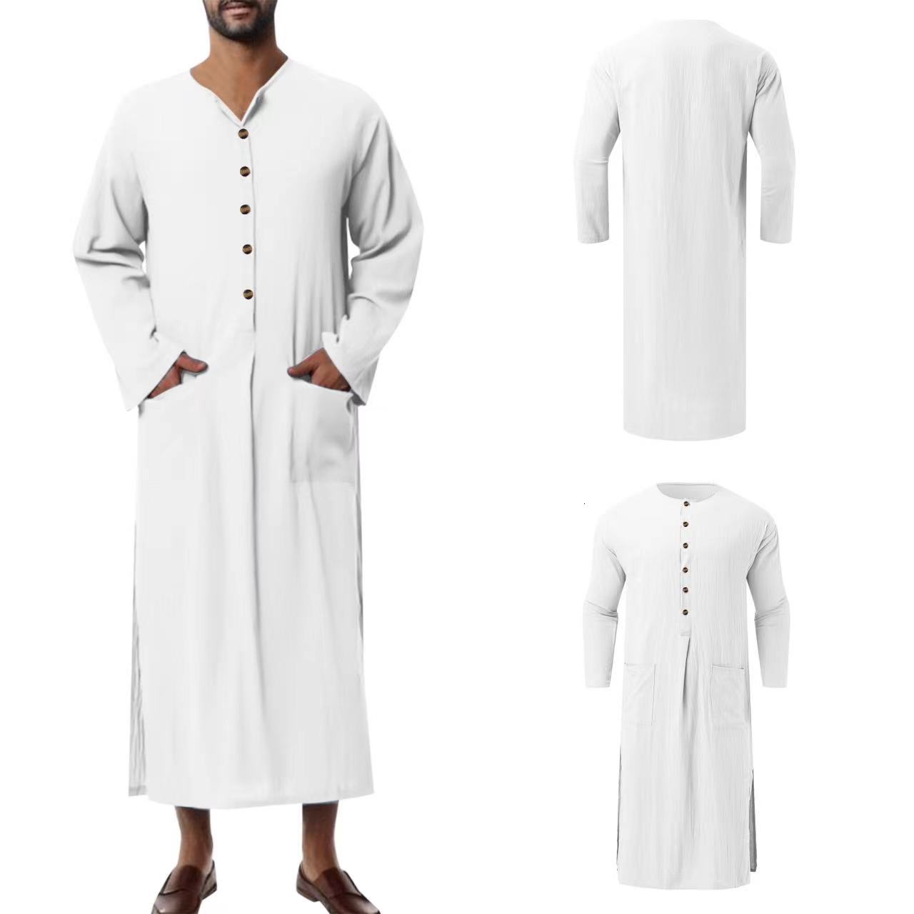 Male 2025 New Designer Clothing Muslim Arab Malaysian Casual Button Solid Color Long Sleeved Pocket Loose Robe