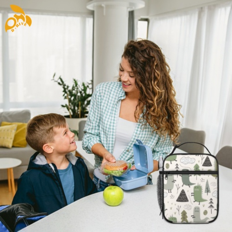 Free shipping designer custom-made round beige, white and black semi-long lightweight portable hand-held insulated lunch bag for adults.