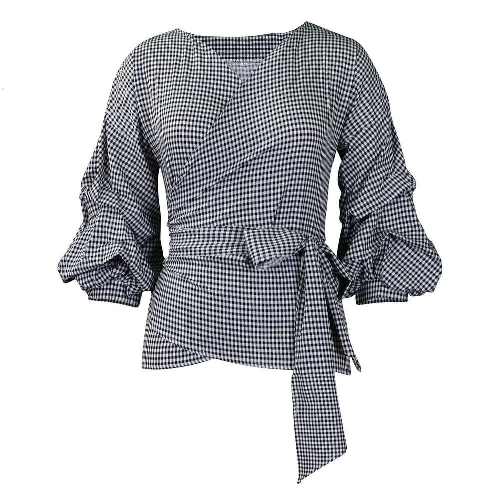 Women's Wear D3319 Summer Large Fashion V-Neck Bubble Sleeve Big Bow Decorative Shirt Checkered Strap Top
