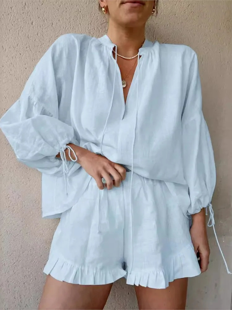 Women Casual Suits Fashion Two Pieces Sets Spring Summer Cotton Linen Loose Long Sleeve Drawstring Blouse Ruffles Shorts Set 250516