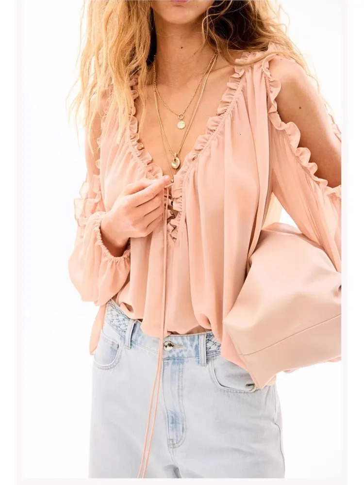 TRAF Womens Off Shoulder Chiffon Summer V NeckTop Casual Loose Tierred Blouse Female Shirts Blouses 250520