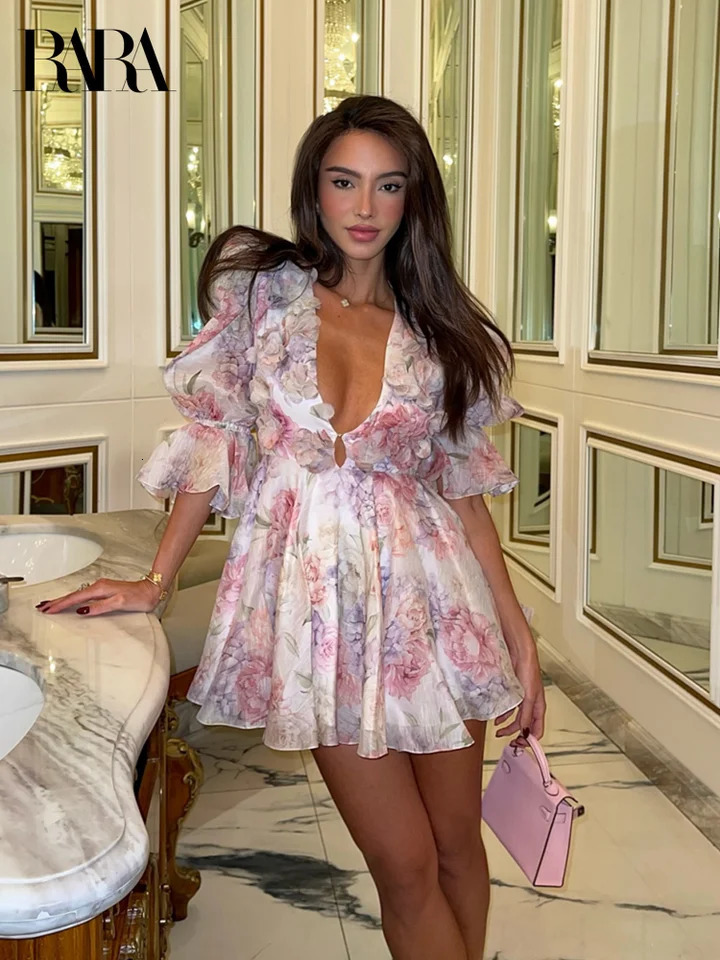 RARA Spring and Summer Vacation Sexy Vneck Puff Sleeve Threedimensional Flower Waist Large Swing Midlength Dress 250520