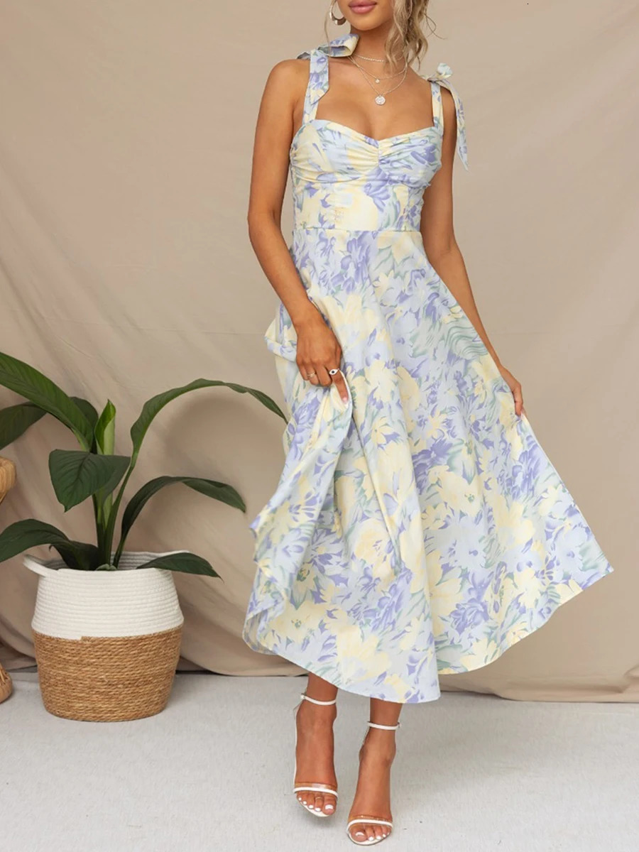 Women Sling Dress Sleeveless Lowcut Tieup Flower Print Summer Long for Cocktail Party 250520