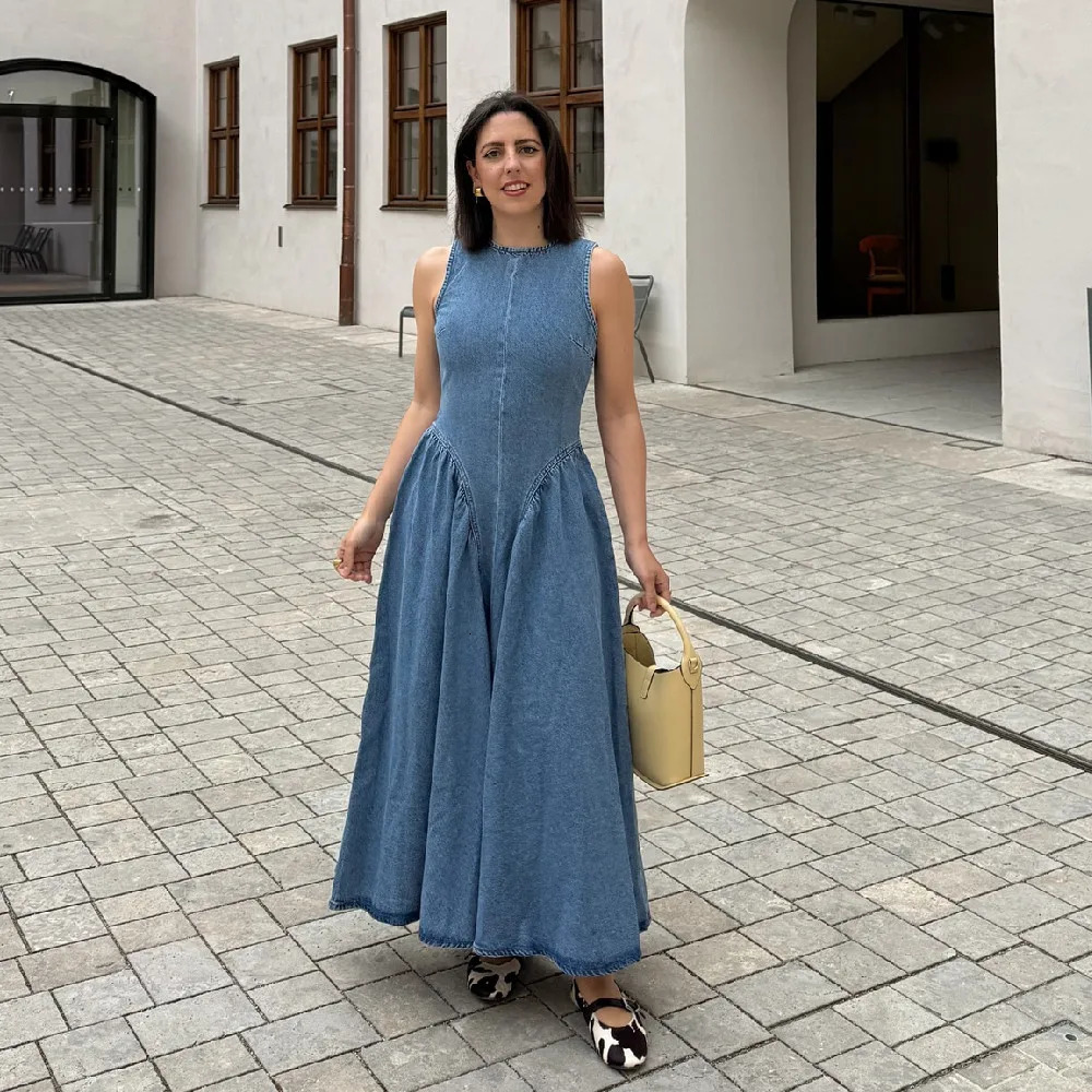PB ZA back hollow quality simple loose hem denim skirt Aline dress long summer womens clothing 250520