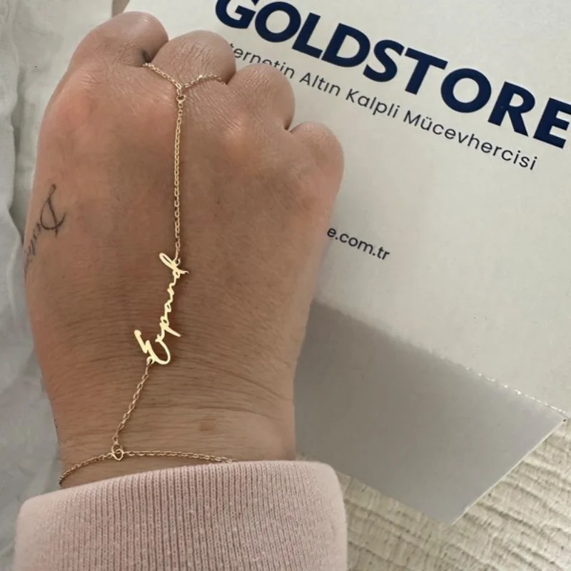 Stainless Custom Name Word Hand Chain Ring Finger Bracelet Personalized Your Name Customized Handwriting Bracelet Women Gift 250520