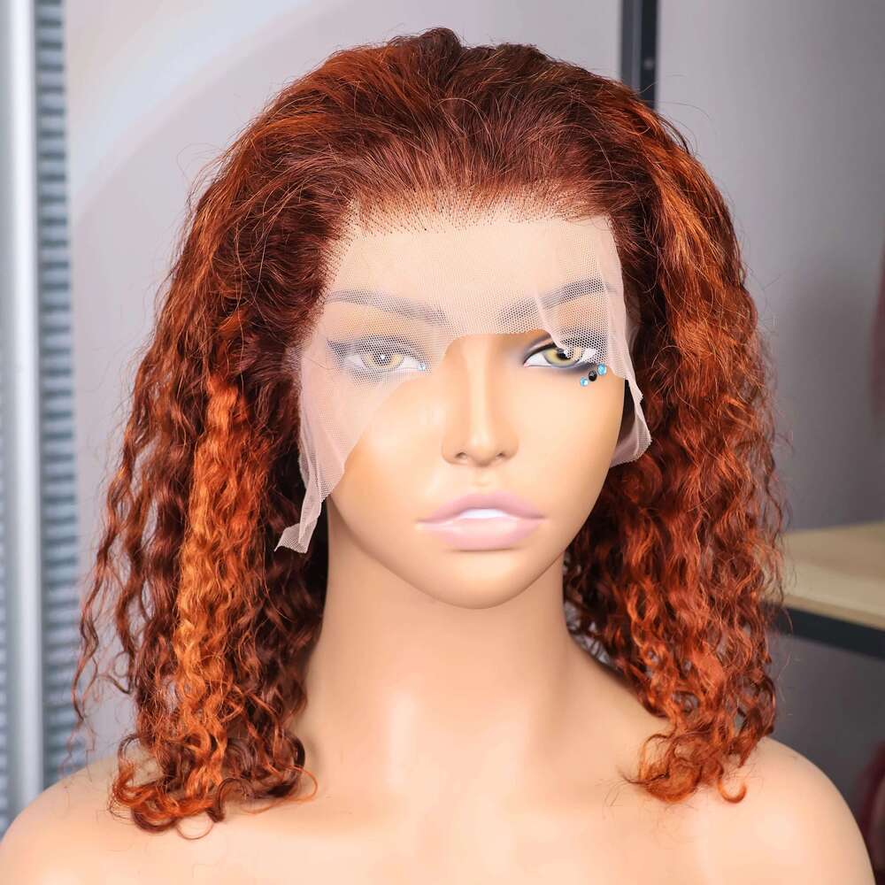 Ginger Orange Brown Colored Water Wave Bob Transparent 13x4 Lace Front Human Hair Wig For Women P4/350 Highlight Curly Wigs