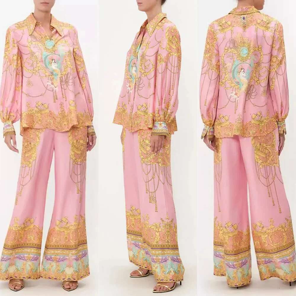 2024 New Europe And The United States Leisure Long-Sleeved Pink Printed Shirt Trousers Two Sets Of Women