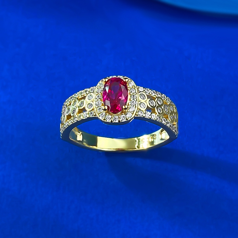 S925 Silver 4*6mm Oval Ruby Ring with Gold Plating and Diamond Embellishments - Elegant and Versatile Everyday Accessory