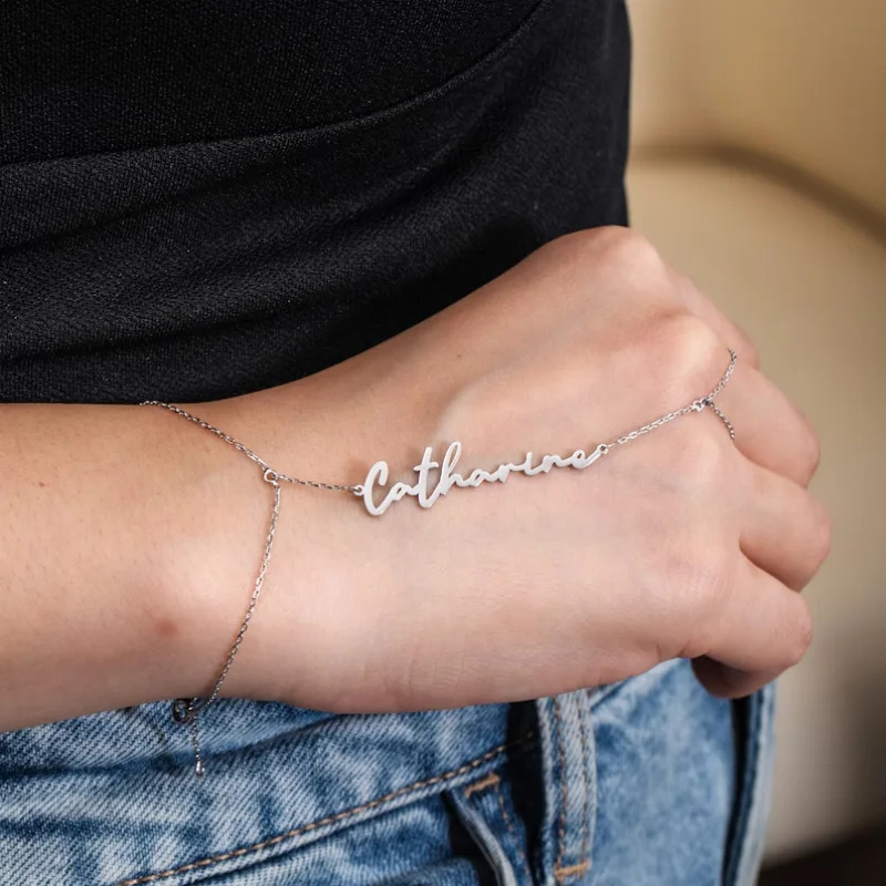 Stainless Custom Name Word Hand Chain Ring Finger Bracelet Personalized Your Name Customized Handwriting Bracelet Women Gift 250520