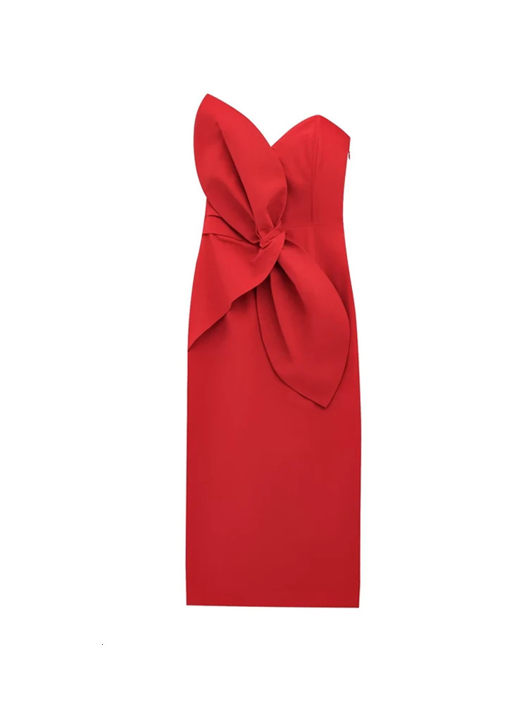 TRZA Strapless Midi Dress for Women Bow Detail Sweetheart Neck Side Zipper Fashion Female Vestidos Mujer 250520