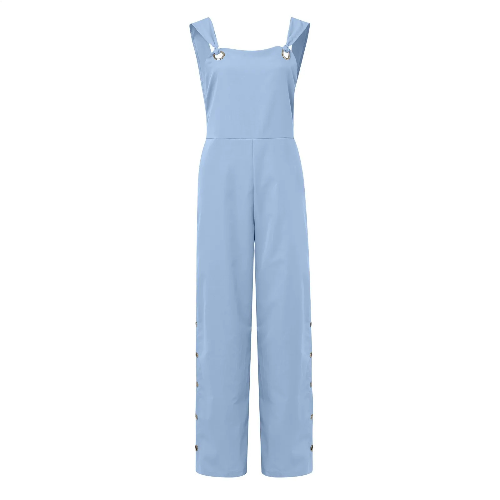 Womens Summer Sleeveless Cotton Linen Playsuits Strappy Side Button Opening Overalls Loose Long Wide Leg Pants Female Jumpsuits 250519