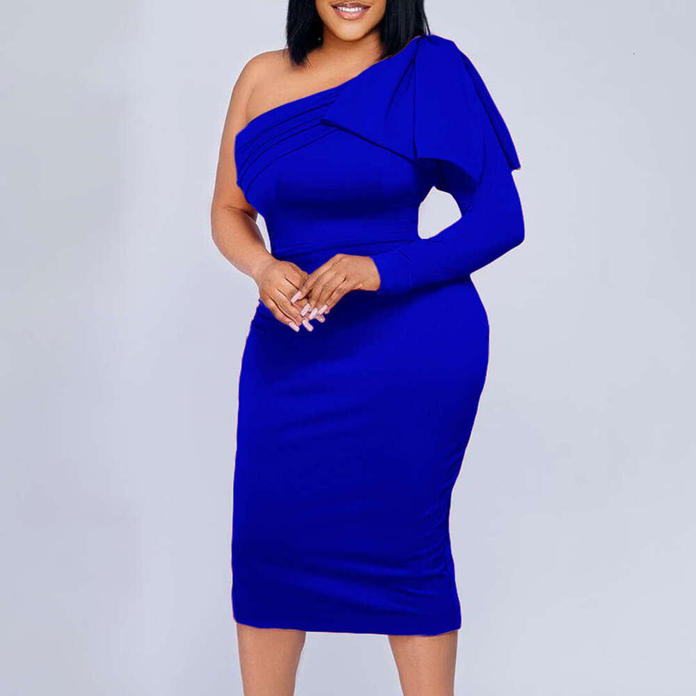 Women's Wear Large Women's New Slant Neck Solid Color Fashion Wrap Hip Sexy Dress