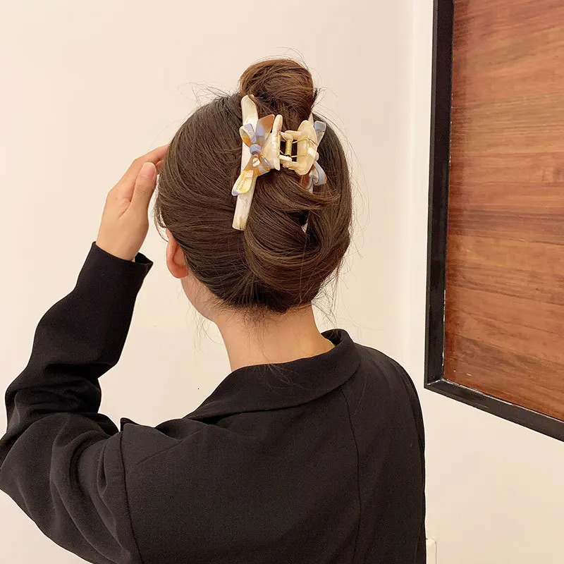 Gentle Elegant Bow Marble Hair Clip Claw Sweet Girls Ponytail Barrettes Acrylic Shark Clip Headwear Hair Accessories for Women 250517