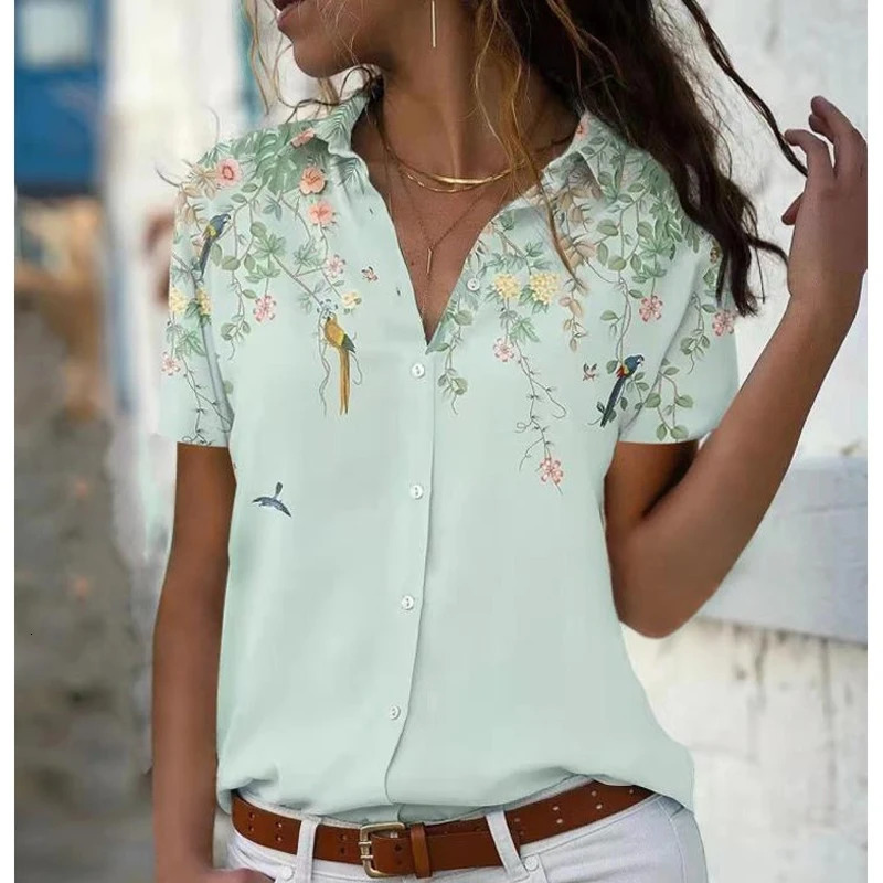 Summer Short Sleeve Women Shirt 2025 Printed Office Fashion Lapel Casual Simple Blouse Elegant Loose Blusas Mujer Tops 250514