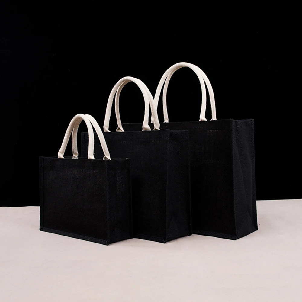 Burlap Shopping Tote Bag Blank Jute Beach Handbag Black White Reusable Stroage Bags Gift Bags For Grocery Crafts Birthday Party 250516