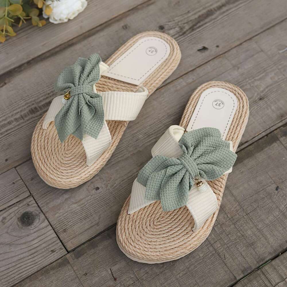 Breathable Linen Slides - Open-Toe Lightweight Comfort, Stylish Slip-On Shoes for & Relaxation, Vintage Round Toe Flat with Decorative Bow, Indoor Out