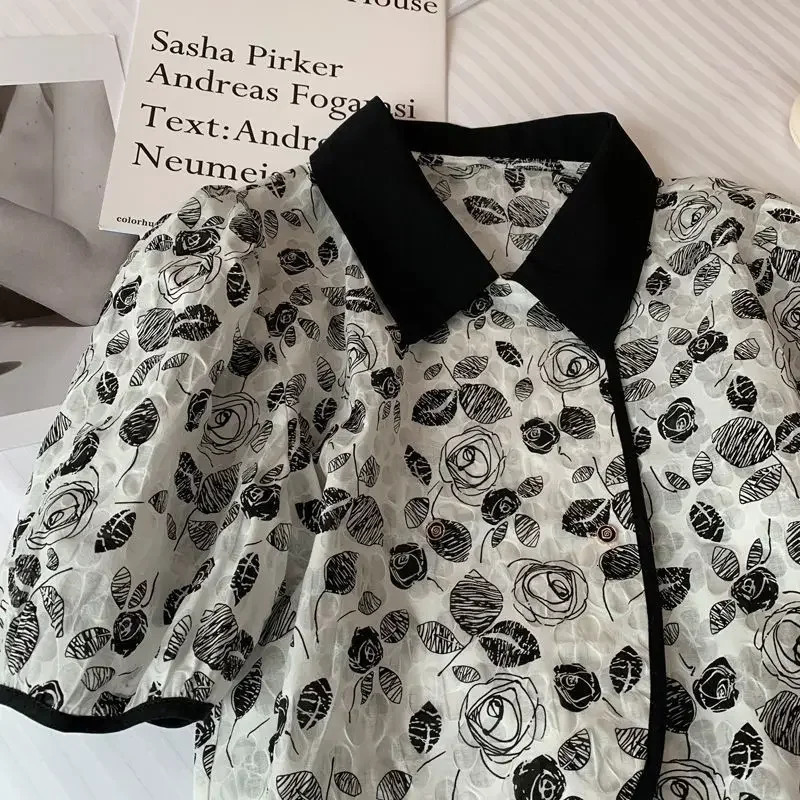 Black Floral Printing Elegant Chic PoloNeck Short Sleeve Womens Blouse Shirt Vintage Female Clothing Tops 2025 Fashion 250514